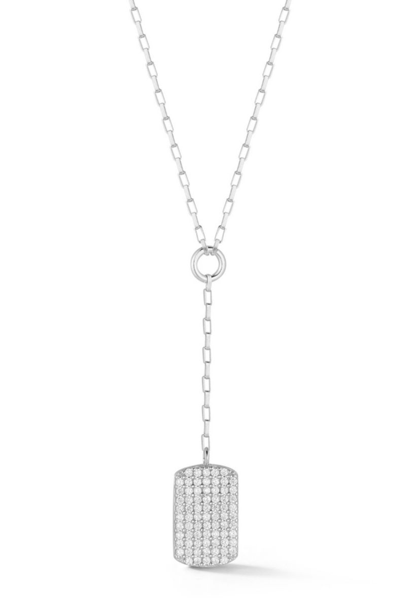 Sterling Silver Pave Tag Lariat Necklace