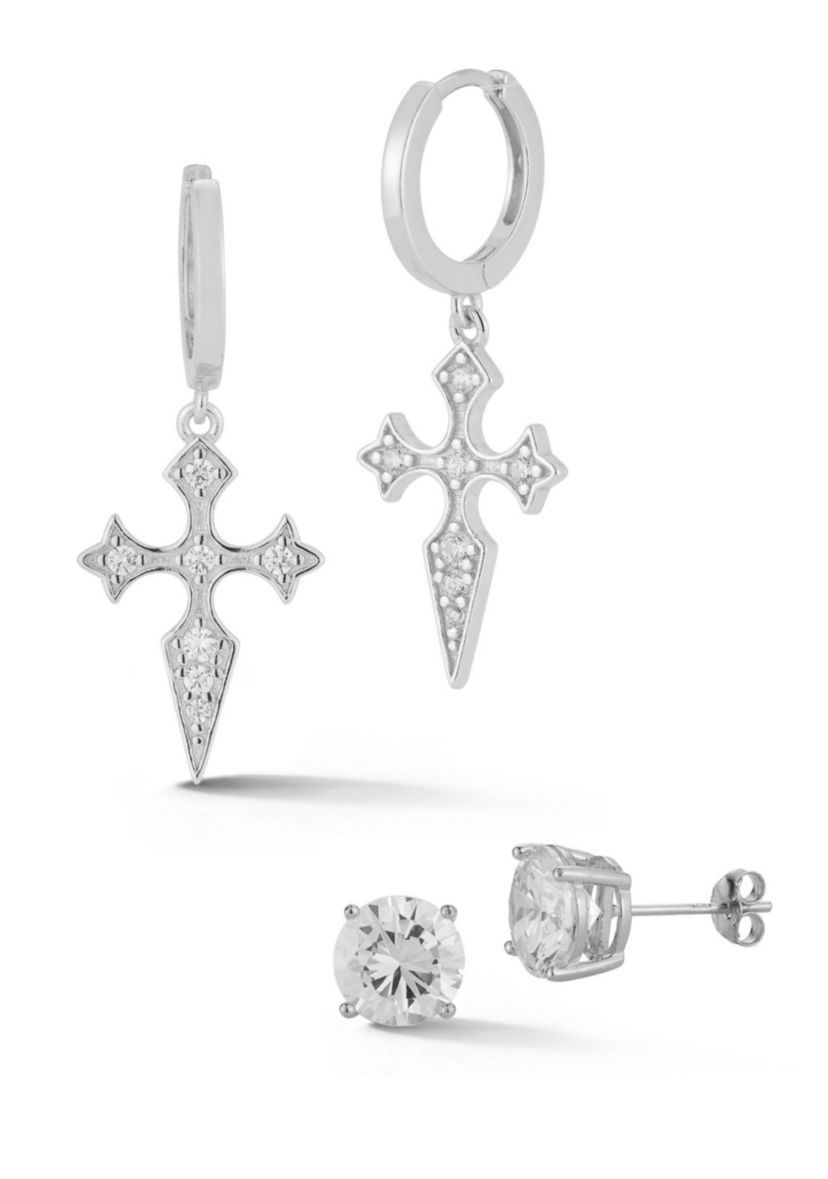 Sterling Silver Cubic Zirconia Pointy Cross Charm Huggie Hoop Earrings and Studs 2 Pair Set