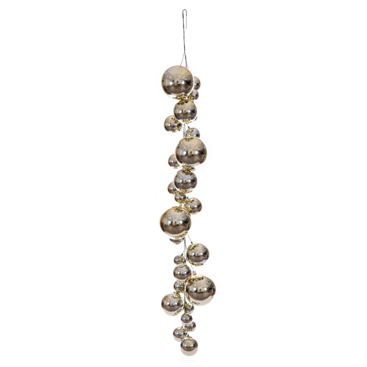 Vickerman 6 Champagne Ball Branch Garland. It has: eight 3-inch ornaments, eight 4-inch ornaments, four 4.75-inch, four 6-inch, and four 8-inch ornaments, for a total of twenty-eight ornaments on the garland. It features ornaments in shiny finish. Green spine with a loop hanger.