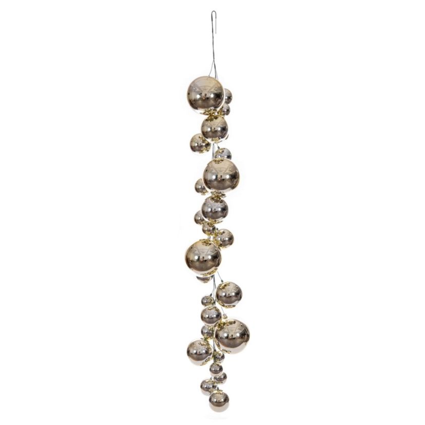 Vickerman 6 Champagne Ball Branch Garland. It has: eight 3-inch ornaments, eight 4-inch ornaments, four 4.75-inch, four 6-inch, and four 8-inch ornaments, for a total of twenty-eight ornaments on the garland. It features ornaments in shiny finish. Green spine with a loop hanger.