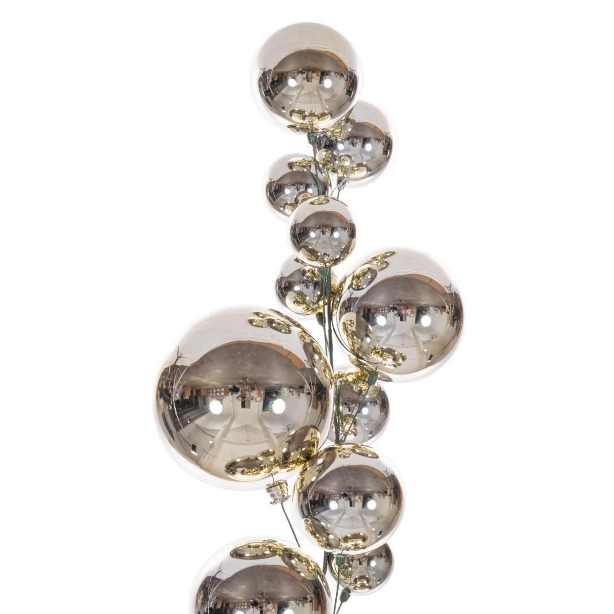 Vickerman 6 Champagne Ball Branch Garland. It has: eight 3-inch ornaments, eight 4-inch ornaments, four 4.75-inch, four 6-inch, and four 8-inch ornaments, for a total of twenty-eight ornaments on the garland. It features ornaments in shiny finish. Green spine with a loop hanger.