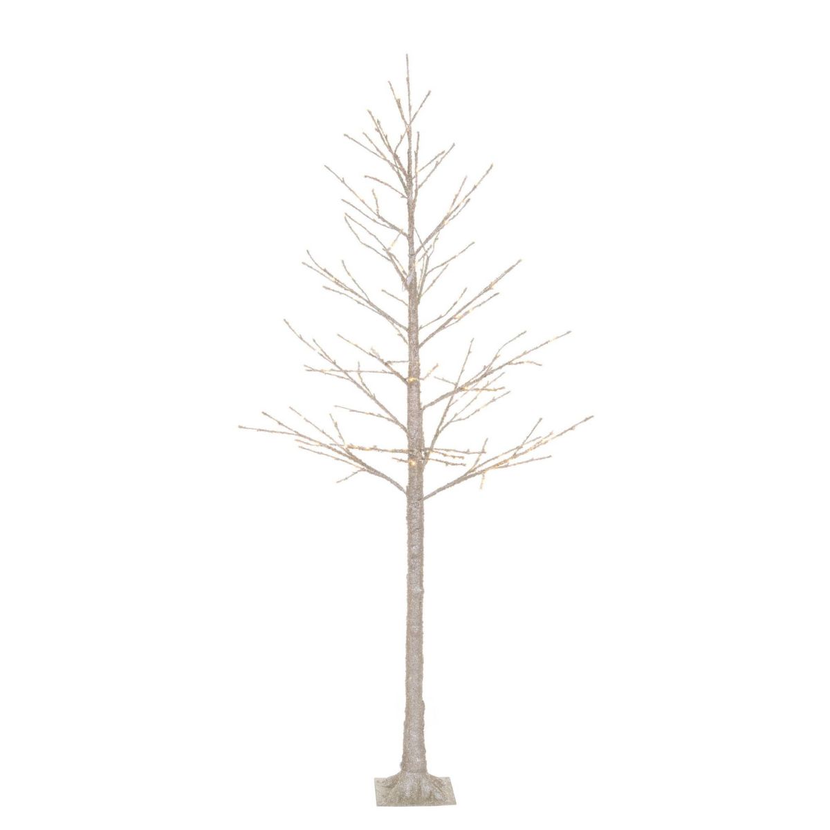 Vickerman 8 Champagne Icy Sugar Glitter Twig Tree 240WW LED. Champagne Icy Sugar and Iridescent Glitter Twig Tree with 240 Warm White LED 3mm Wide Angle LED Lights. Flexible branches. White wire color. Non-replaceable bulbs. Coaxial Plug Power cord with 16.5 foot lead length. UL/IP44/24V/DC/3.6VA transformer