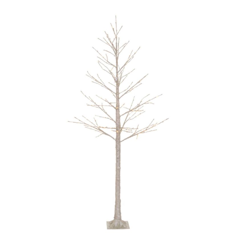 Vickerman 8 Champagne Icy Sugar Glitter Twig Tree 240WW LED. Champagne Icy Sugar and Iridescent Glitter Twig Tree with 240 Warm White LED 3mm Wide Angle LED Lights. Flexible branches. White wire color. Non-replaceable bulbs. Coaxial Plug Power cord with 16.5 foot lead length. UL/IP44/24V/DC/3.6VA transformer