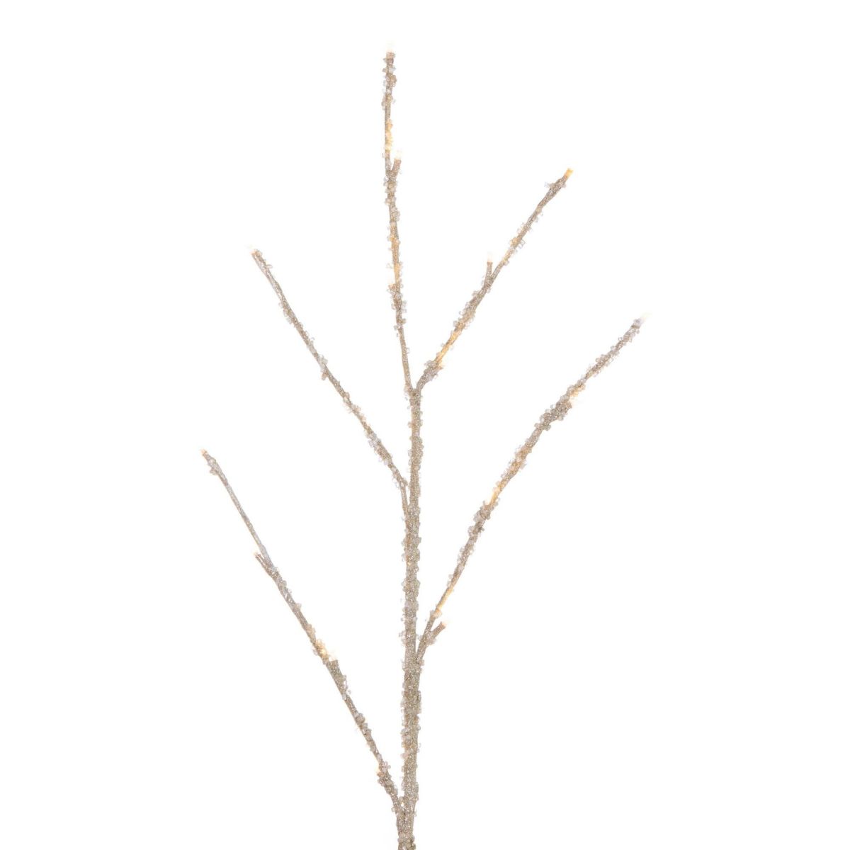 Vickerman 8 Champagne Icy Sugar Glitter Twig Tree 240WW LED. Champagne Icy Sugar and Iridescent Glitter Twig Tree with 240 Warm White LED 3mm Wide Angle LED Lights. Flexible branches. White wire color. Non-replaceable bulbs. Coaxial Plug Power cord with 16.5 foot lead length. UL/IP44/24V/DC/3.6VA transformer