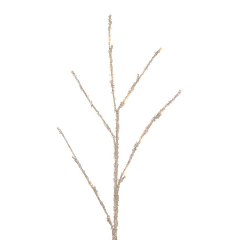 Vickerman 8 Champagne Icy Sugar Glitter Twig Tree 240WW LED. Champagne Icy Sugar and Iridescent Glitter Twig Tree with 240 Warm White LED 3mm Wide Angle LED Lights. Flexible branches. White wire color. Non-replaceable bulbs. Coaxial Plug Power cord with 16.5 foot lead length. UL/IP44/24V/DC/3.6VA transformer