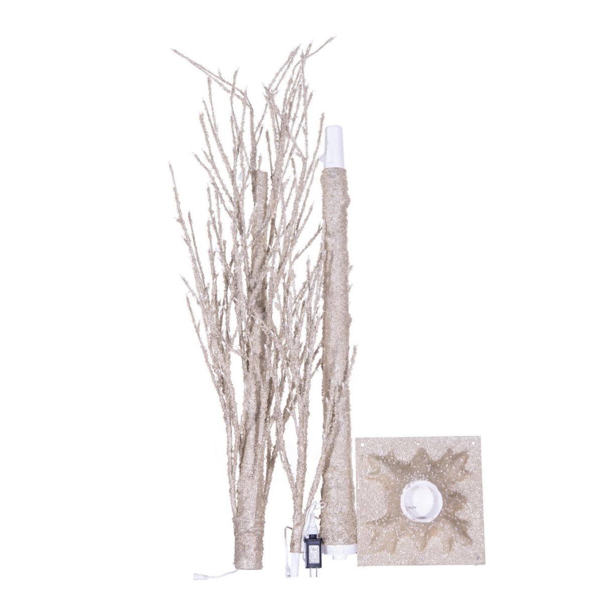 Vickerman 8 Champagne Icy Sugar Glitter Twig Tree 240WW LED. Champagne Icy Sugar and Iridescent Glitter Twig Tree with 240 Warm White LED 3mm Wide Angle LED Lights. Flexible branches. White wire color. Non-replaceable bulbs. Coaxial Plug Power cord with 16.5 foot lead length. UL/IP44/24V/DC/3.6VA transformer