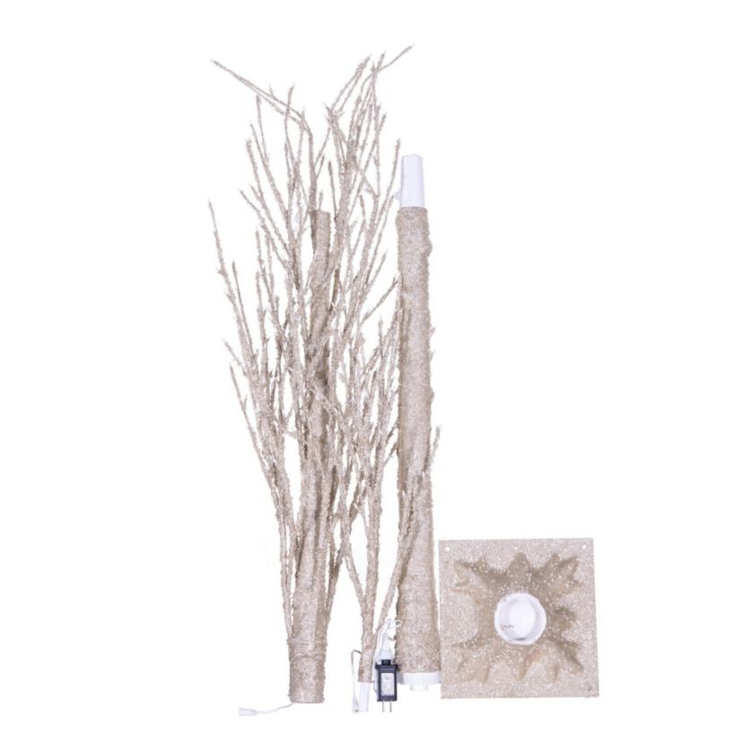 Vickerman 8 Champagne Icy Sugar Glitter Twig Tree 240WW LED. Champagne Icy Sugar and Iridescent Glitter Twig Tree with 240 Warm White LED 3mm Wide Angle LED Lights. Flexible branches. White wire color. Non-replaceable bulbs. Coaxial Plug Power cord with 16.5 foot lead length. UL/IP44/24V/DC/3.6VA transformer