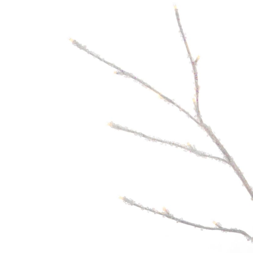 Vickerman 6 White Icy Sugar Glitter Twig Tree 128WW LED. White Icy Sugar and Iridescent Glitter Twig Tree with 128 Warm White LED 3mm Wide Angle LED Lights. Flexible branches. White wire color. Non-replaceable bulbs. Coaxial Plug Power cord with 16.5 foot lead length. UL/IP44/24V/DC/3.6VA transformer