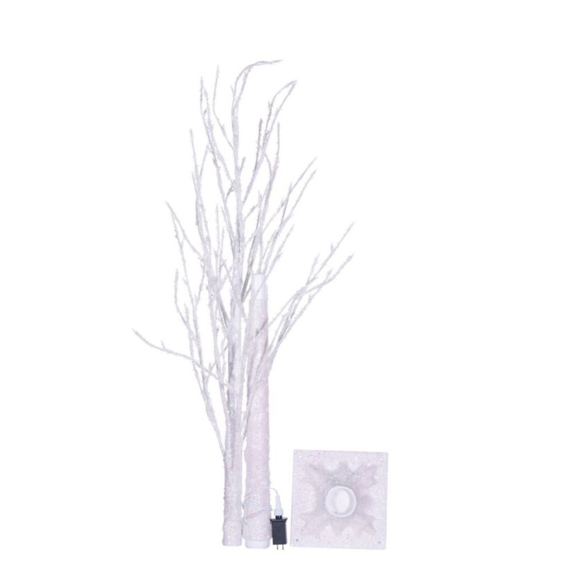 Vickerman 6 White Icy Sugar Glitter Twig Tree 128WW LED. White Icy Sugar and Iridescent Glitter Twig Tree with 128 Warm White LED 3mm Wide Angle LED Lights. Flexible branches. White wire color. Non-replaceable bulbs. Coaxial Plug Power cord with 16.5 foot lead length. UL/IP44/24V/DC/3.6VA transformer
