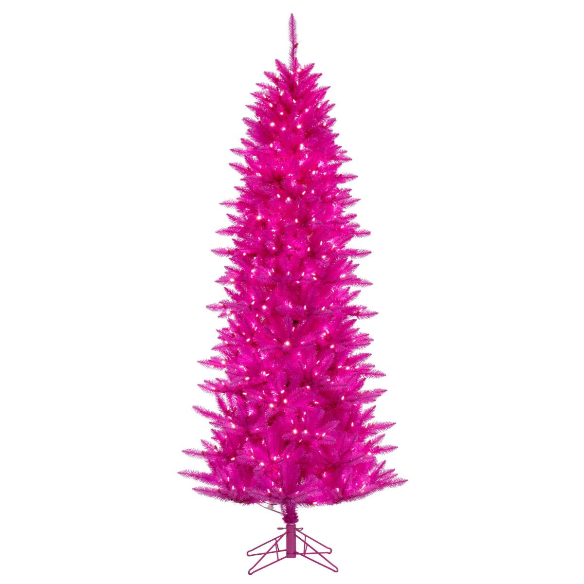 Vickerman 9 x 46" Hot Pink Artificial Pre-Lit Christmas Tree with 750 Pink LED Mini Lights, 1615 Realistic PVC Tips, 6 Step On/Off Power Cord and Folding Metal Tree Stand. Assembly is required.