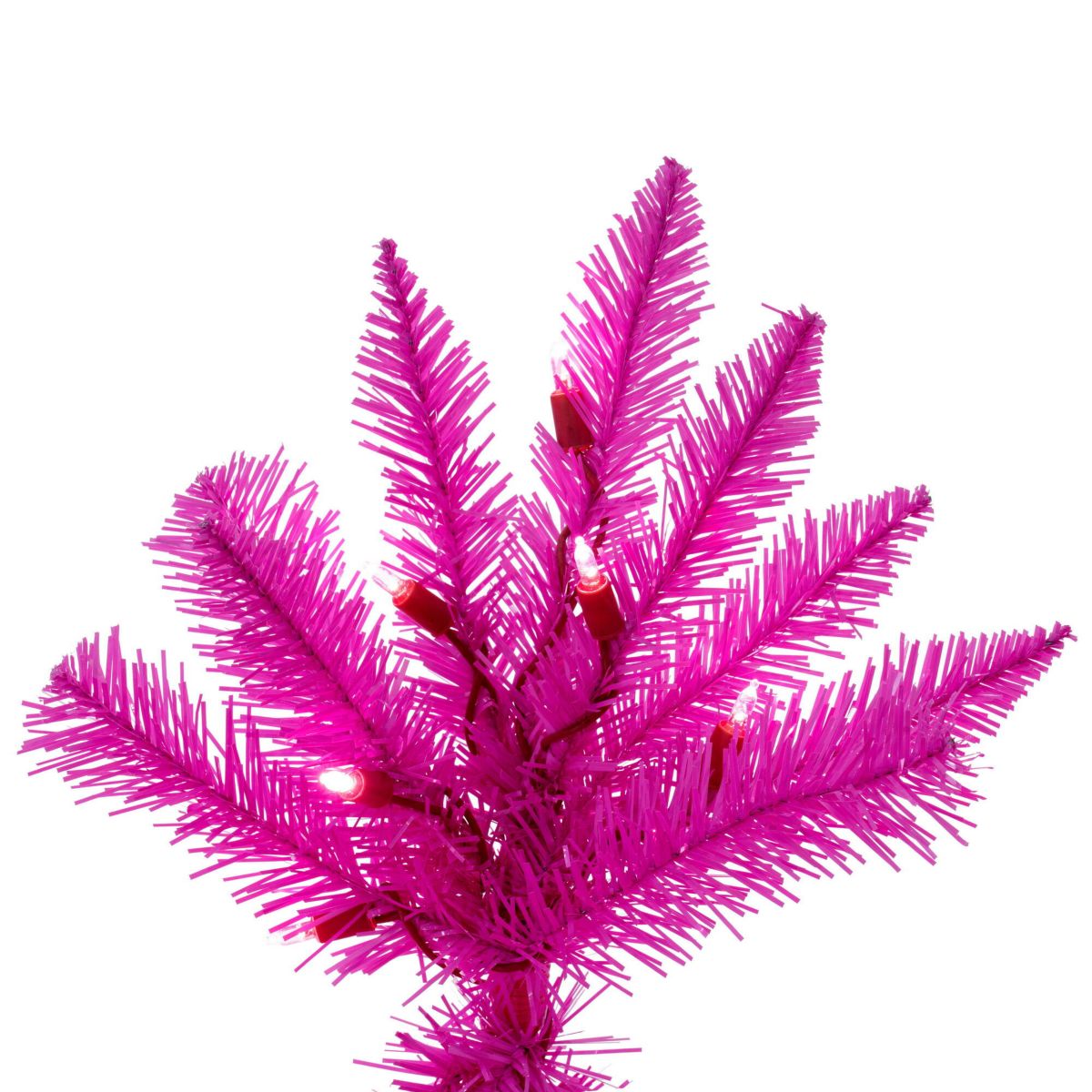 Vickerman 9 x 46" Hot Pink Artificial Pre-Lit Christmas Tree with 750 Pink LED Mini Lights, 1615 Realistic PVC Tips, 6 Step On/Off Power Cord and Folding Metal Tree Stand. Assembly is required.