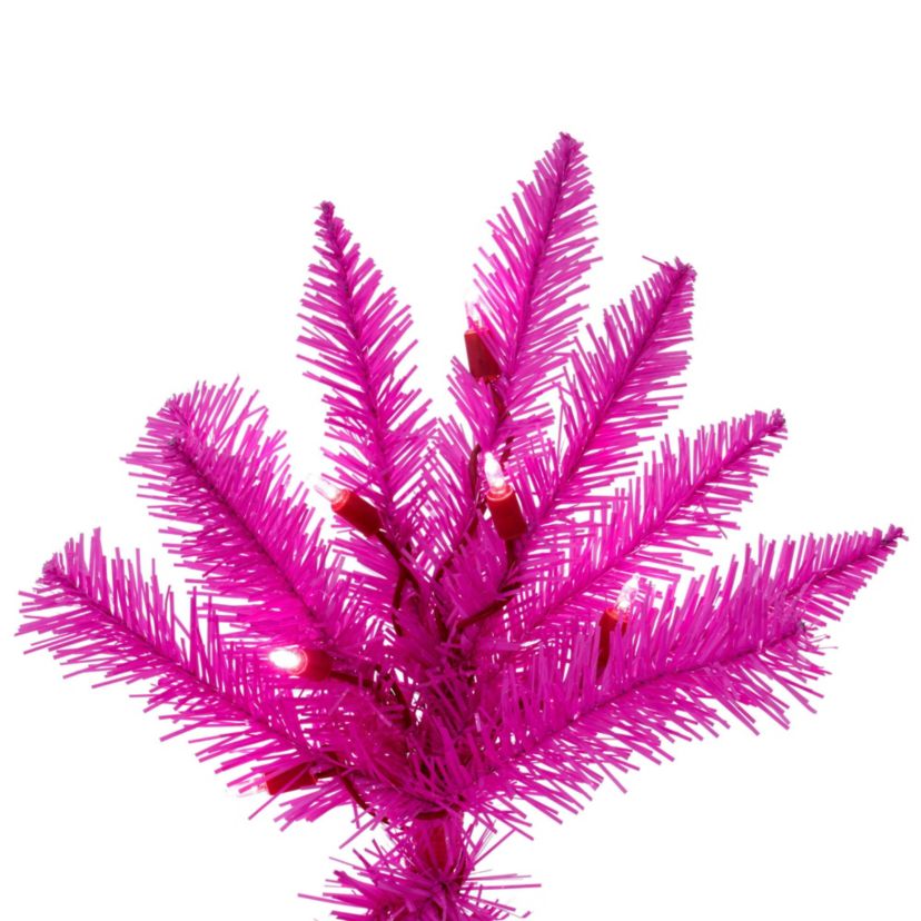 Vickerman 9 x 46" Hot Pink Artificial Pre-Lit Christmas Tree with 750 Pink LED Mini Lights, 1615 Realistic PVC Tips, 6 Step On/Off Power Cord and Folding Metal Tree Stand. Assembly is required.