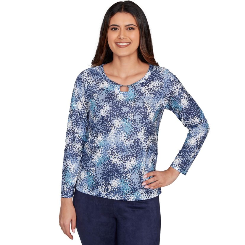PRINTED POLY SQUARE RING NECK TOP