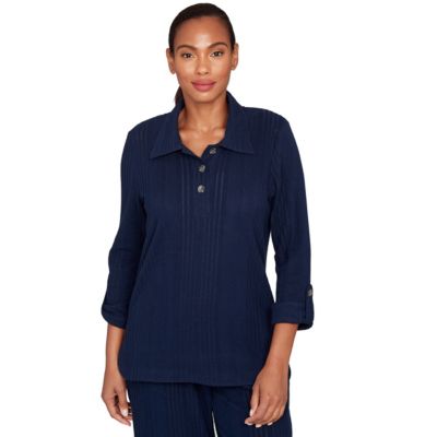 Hearts of Palm Women's SOLID TEXTURED HATCHI HENLEY TUNIC, Navy Blue, Large
