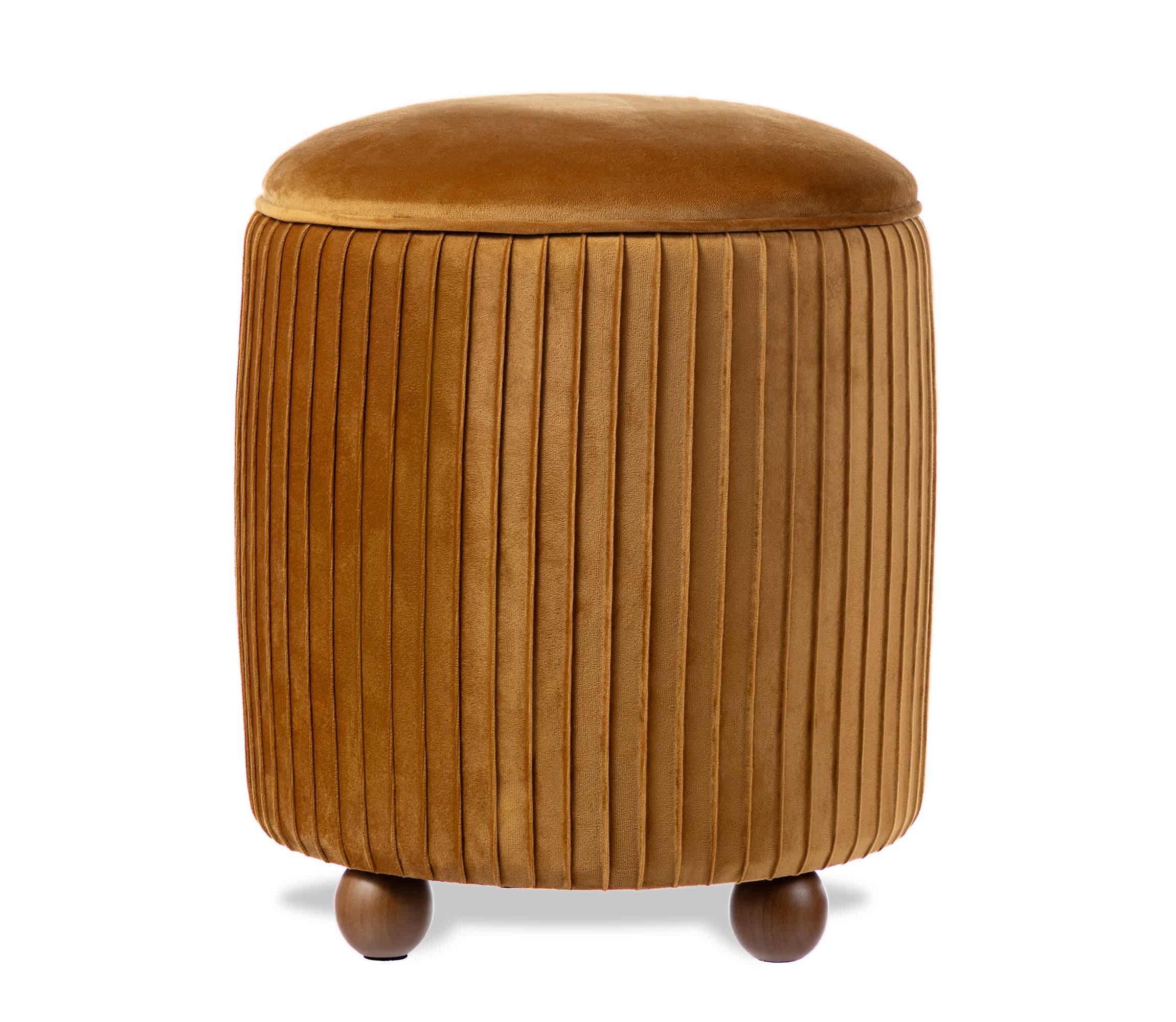 Modern Brown Pleated Velvet Upholstered Storage Ottoman or Accent Stool with Rubberwood Ball Feet