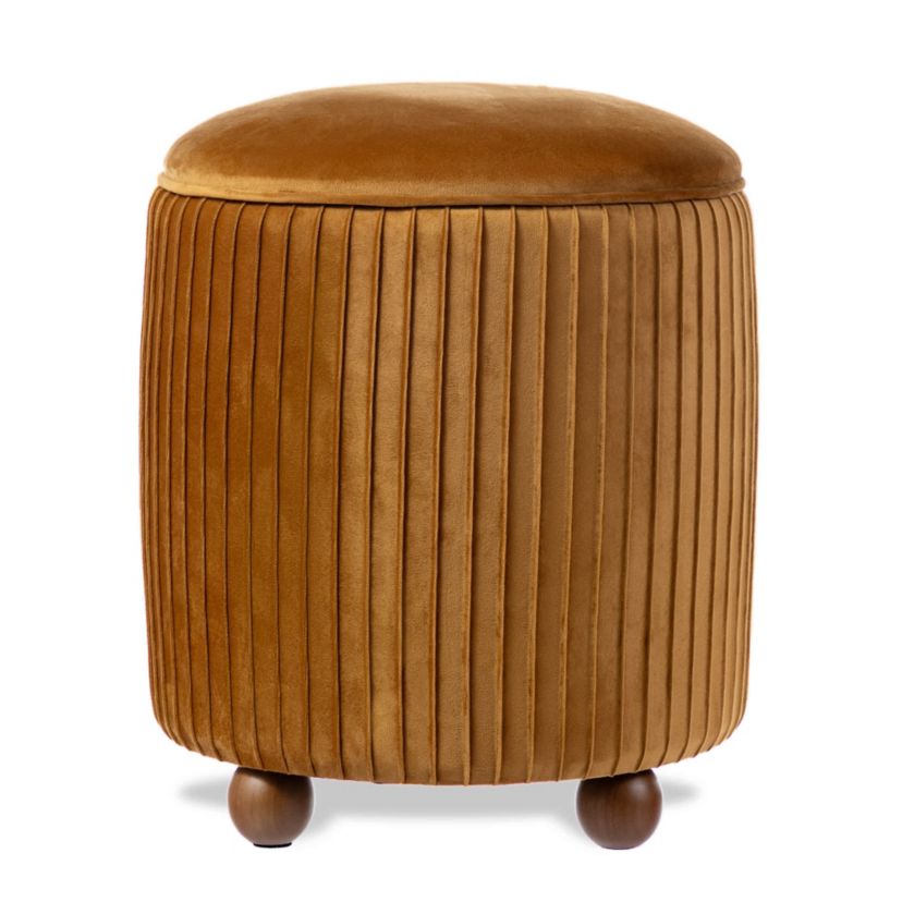 Modern Brown Pleated Velvet Upholstered Storage Ottoman or Accent Stool with Rubberwood Ball Feet