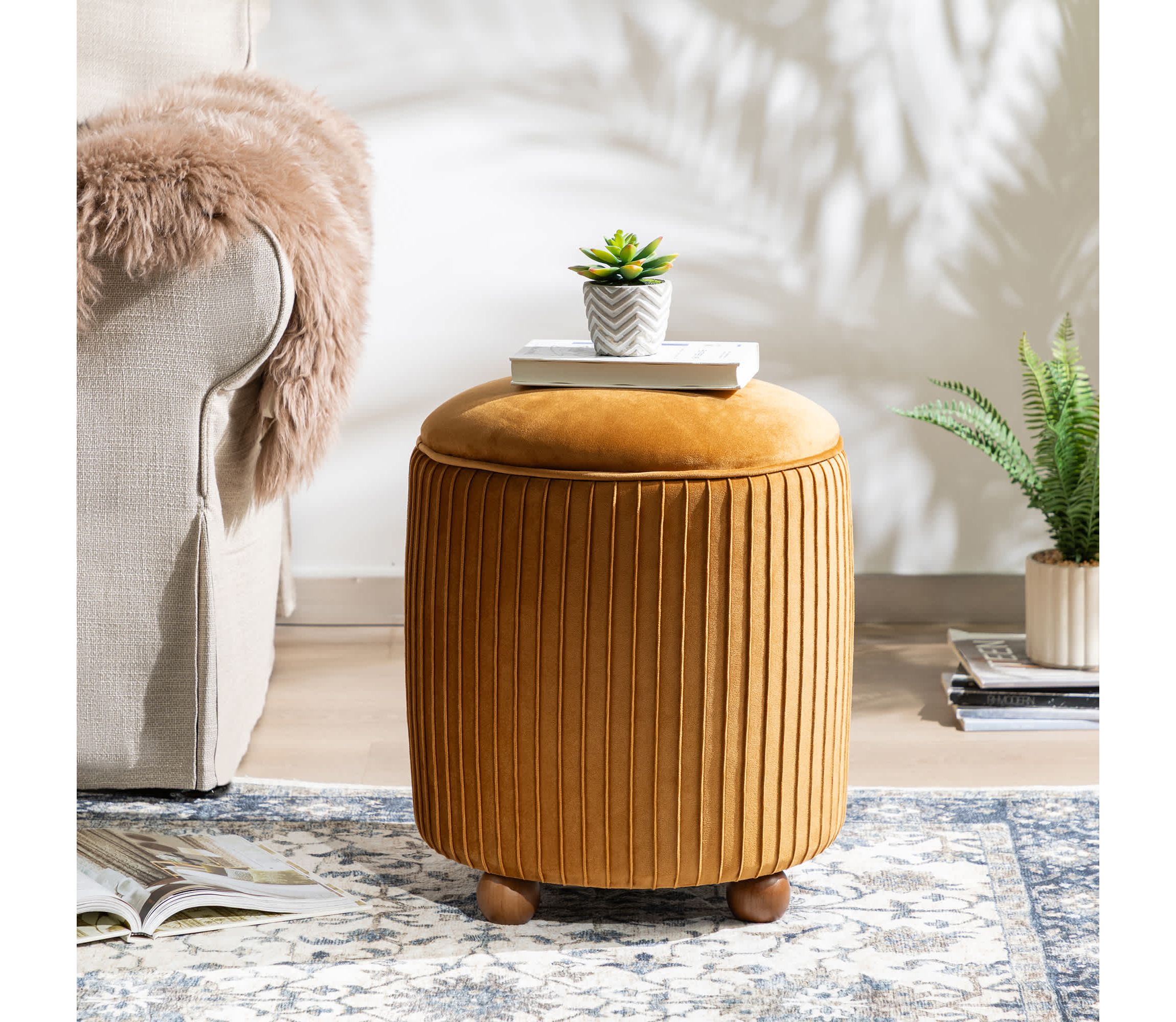 Modern Brown Pleated Velvet Upholstered Storage Ottoman or Accent Stool with Rubberwood Ball Feet