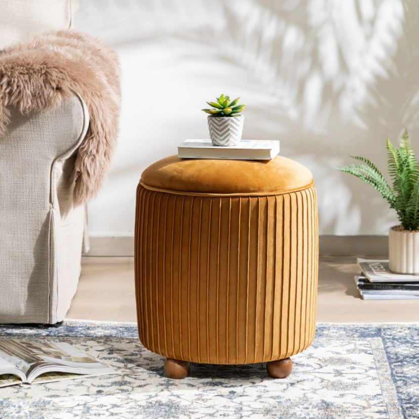 Modern Brown Pleated Velvet Upholstered Storage Ottoman or Accent Stool with Rubberwood Ball Feet