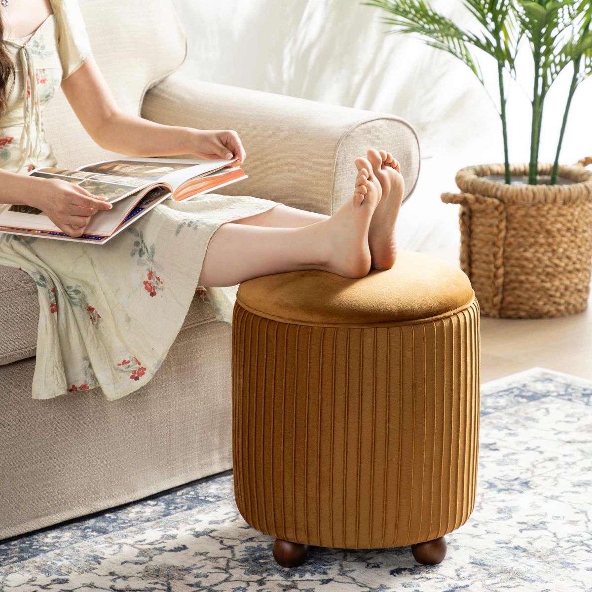 Modern Gradient Brown Upholstered Storage Ottoman or Accent Stool with Rubberwood Ball Feet