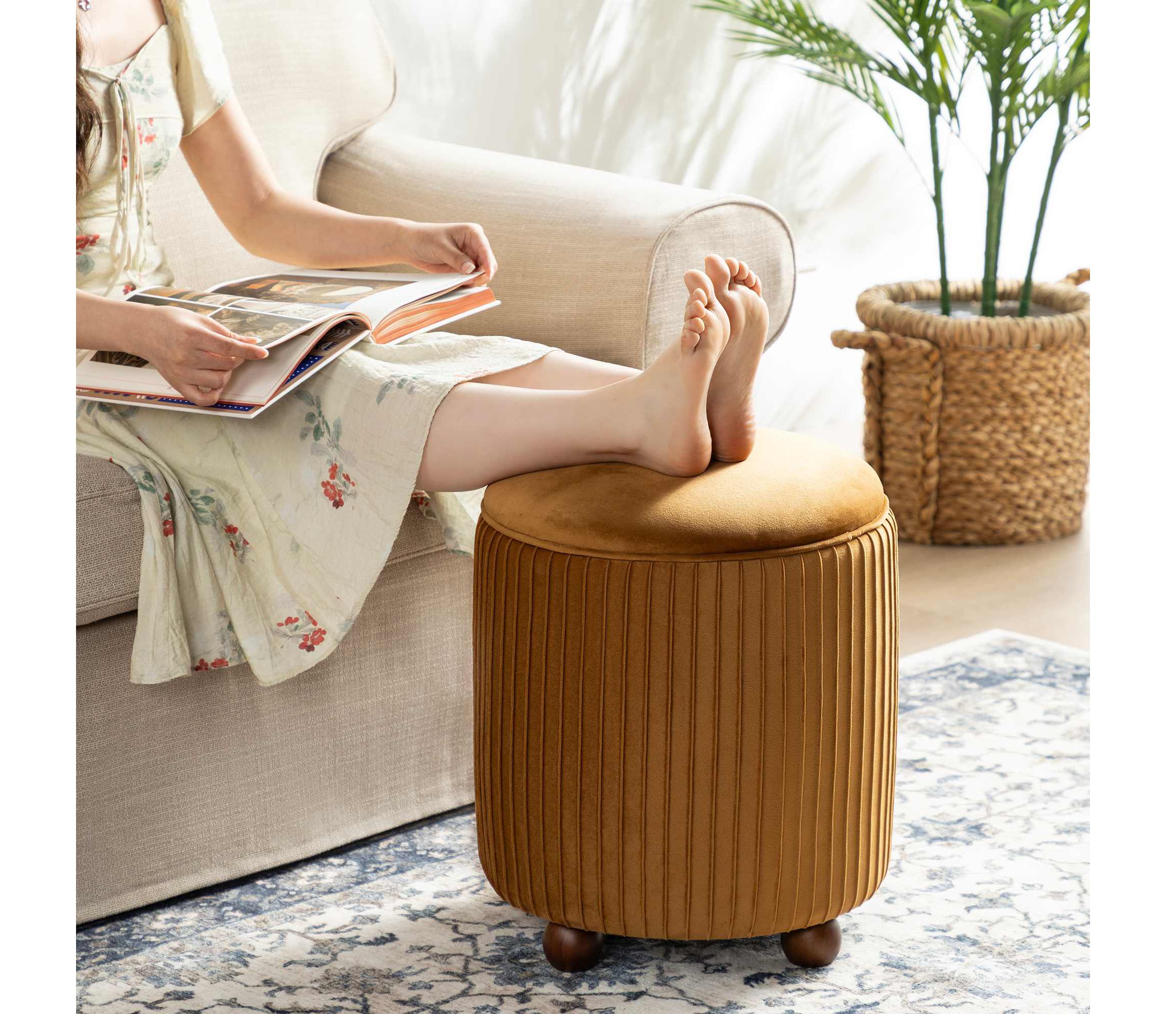 Modern Brown Pleated Velvet Upholstered Storage Ottoman or Accent Stool with Rubberwood Ball Feet