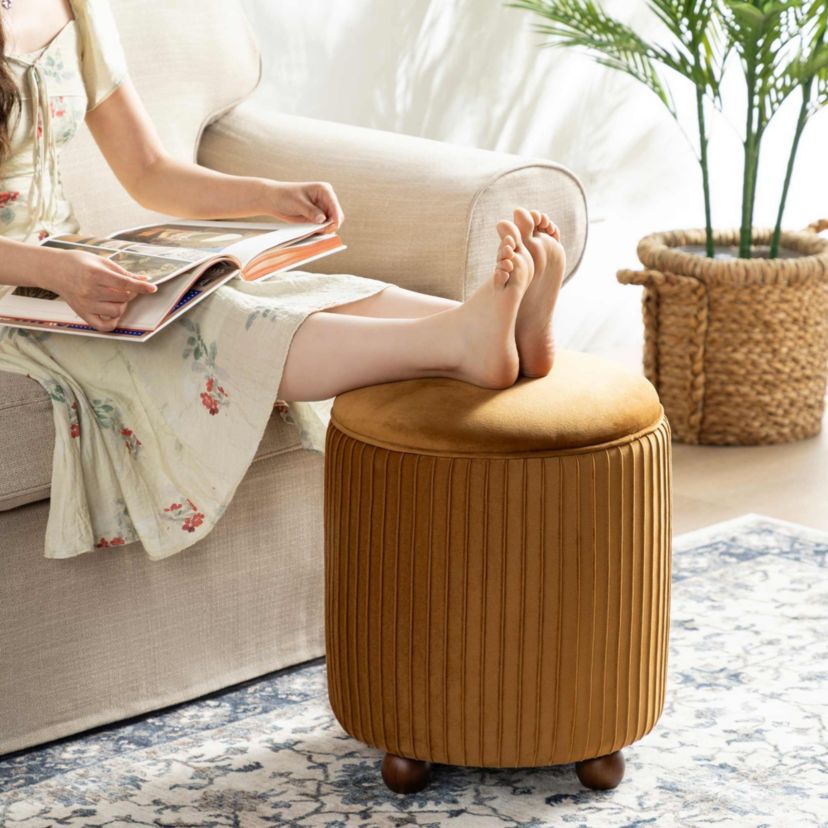Modern Brown Pleated Velvet Upholstered Storage Ottoman or Accent Stool with Rubberwood Ball Feet