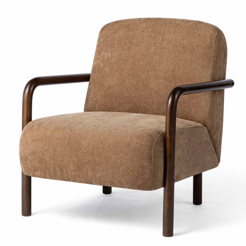 Set of 2 Mid-Century Modern Brown Fabric Thick Armchair with Walnut Rubberwood Frame