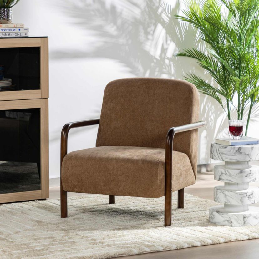 Set of 2 Mid-Century Modern Brown Fabric Thick Armchair with Walnut Rubberwood Frame