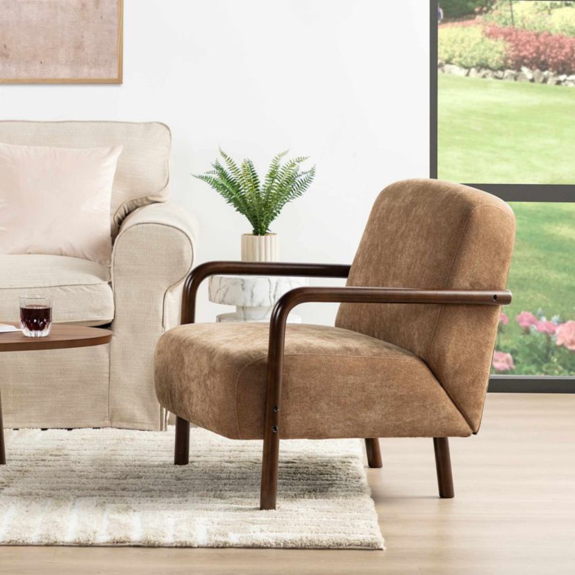 Set of 2 Mid-Century Modern Brown Fabric Thick Armchair with Walnut Rubberwood Frame