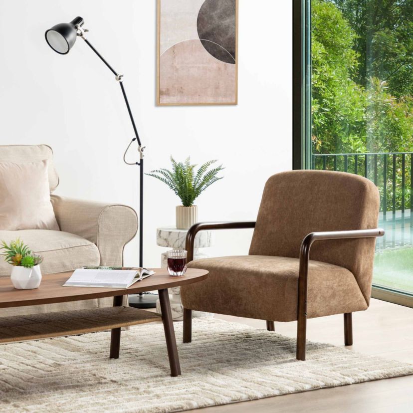 Set of 2 Mid-Century Modern Brown Fabric Thick Armchair with Walnut Rubberwood Frame