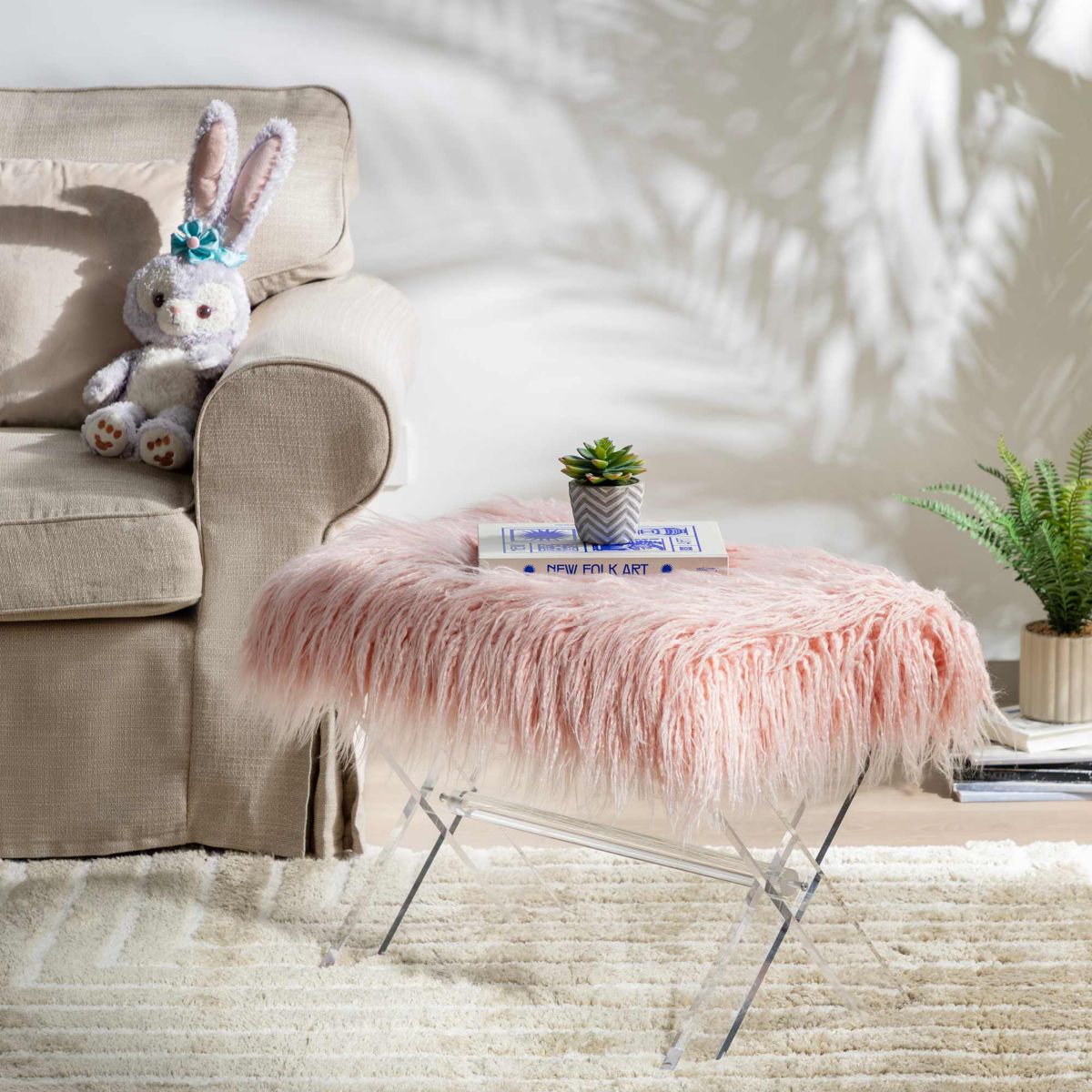 24.00"L Pink Faux Fur Acrylic Bench
