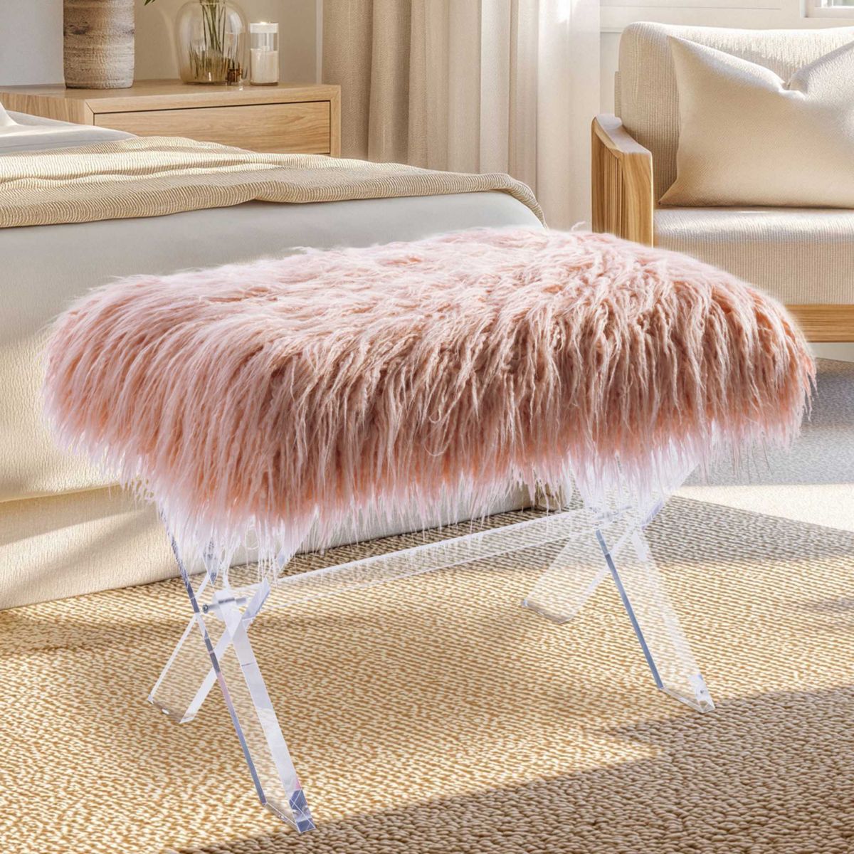 24.00"L Pink Faux Fur Acrylic Bench