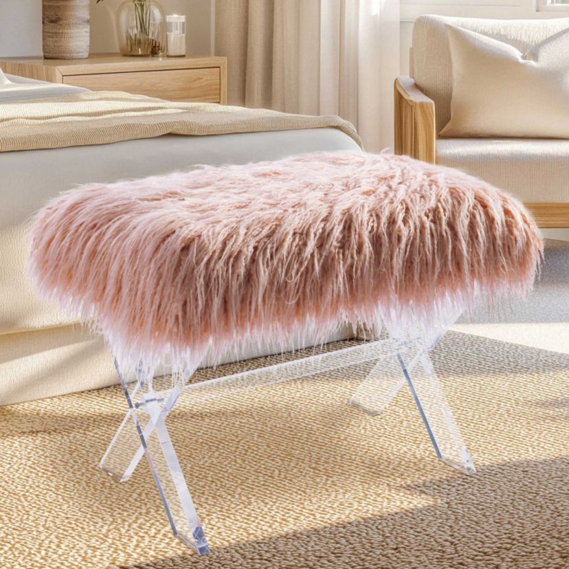24.00"L Pink Faux Fur Acrylic Bench