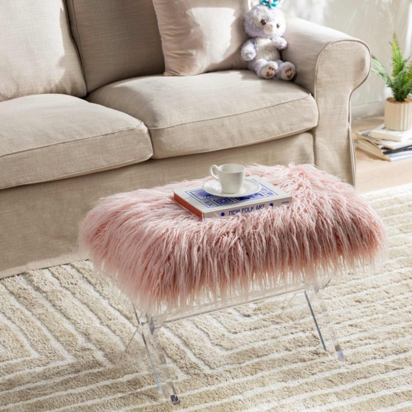 24.00"L Pink Faux Fur Acrylic Bench