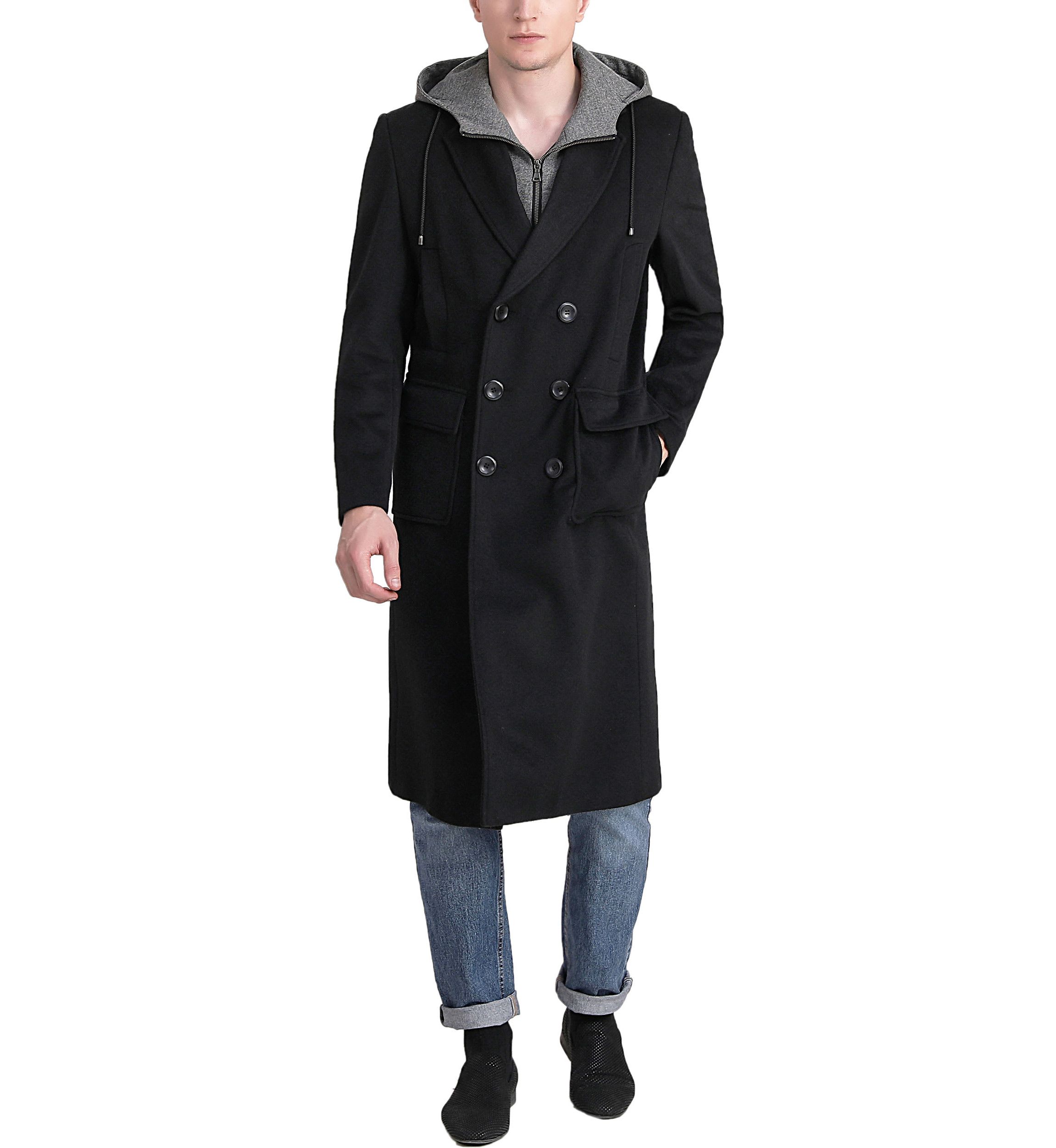Mens Holmes Wool Blend Long Walking Coat with Removable Hood