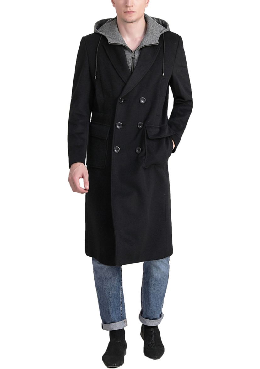 Mens Holmes Wool Blend Long Walking Coat with Removable Hood