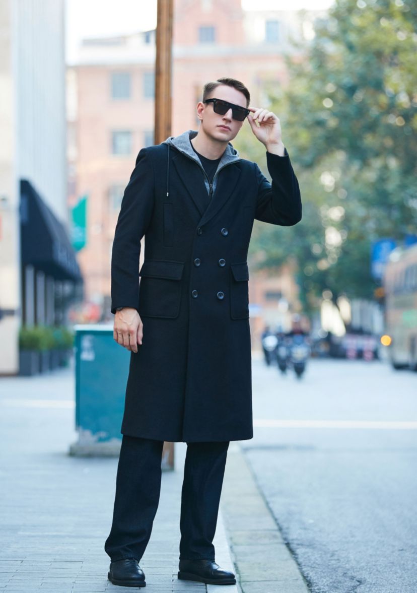 Mens Holmes Wool Blend Long Walking Coat with Removable Hood
