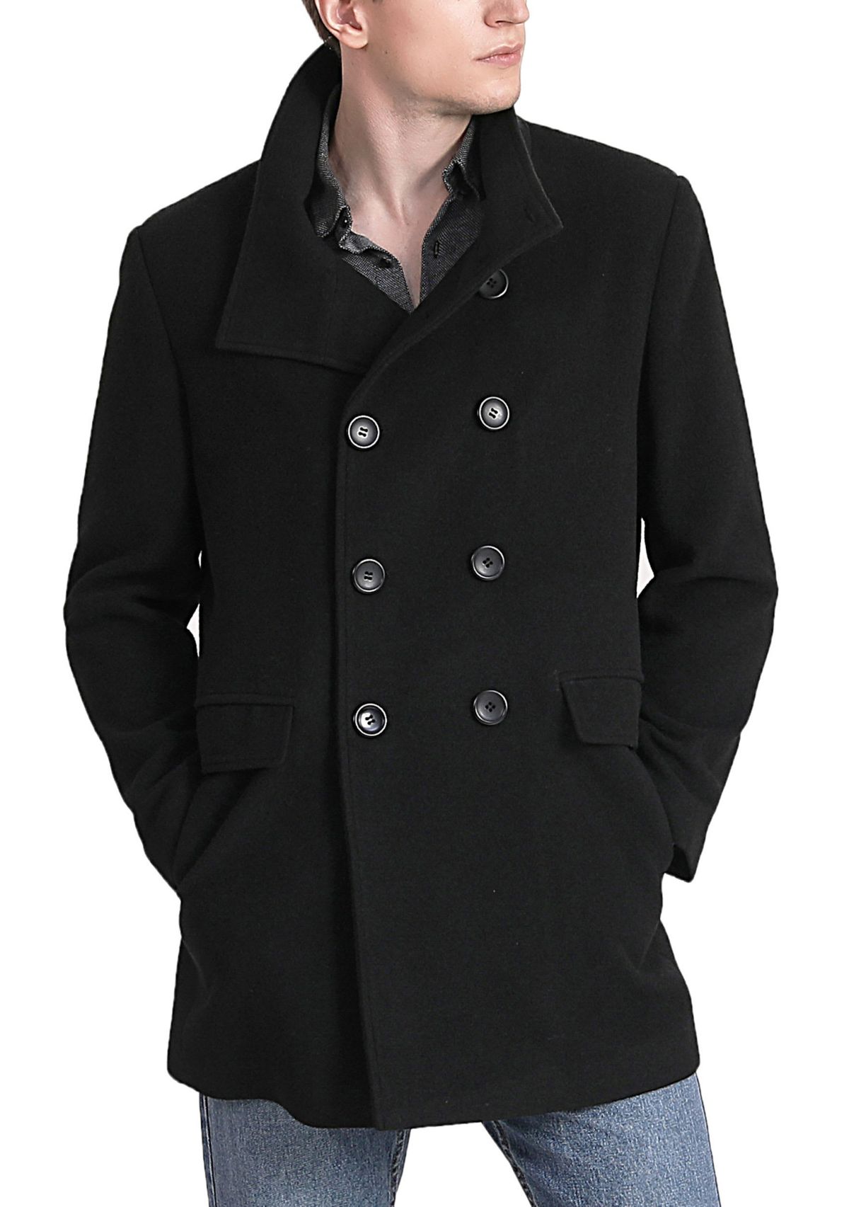 Mens Wing Collar City Wool Blend Pea Coat