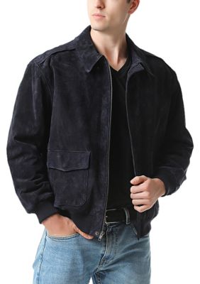 Landing Leathers Men's A-2 Suede Leather Flight Bomber Jacket, Navy Blue, Large