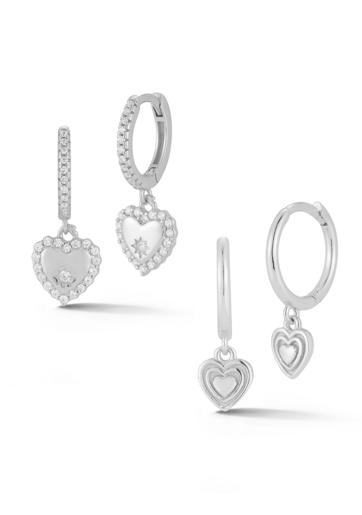 Sterling Silver Cubic Zirconia Heart Charm Huggie Hoop Earrings 2 Pair Set