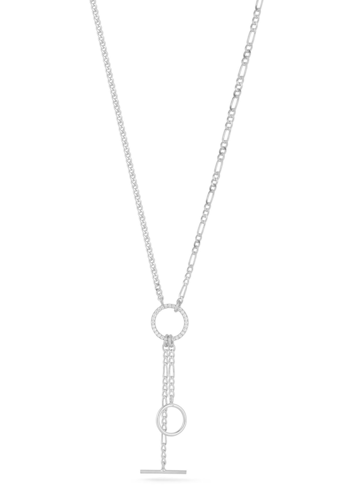 Sterling Silver Curb and Figaro Chain Lariat Necklace