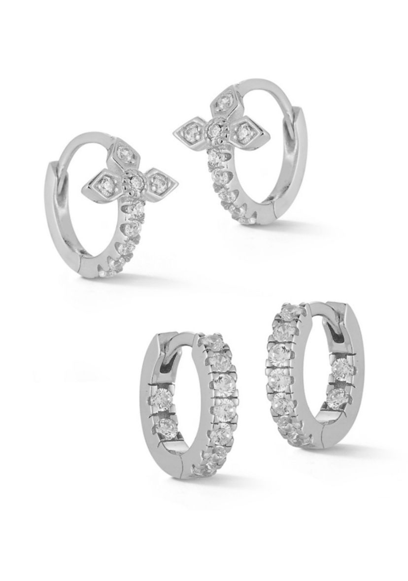 Sterling Silver Cubic Zirconia Huggie Hoop Earrings 2 Pair Set