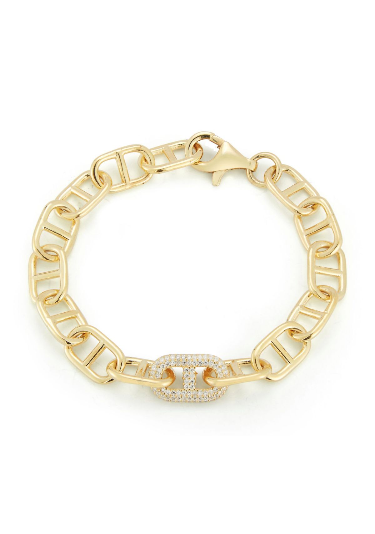 Sterling Silver Cubic Zirconia Mariner Open Rectangular Double Link Bracelet