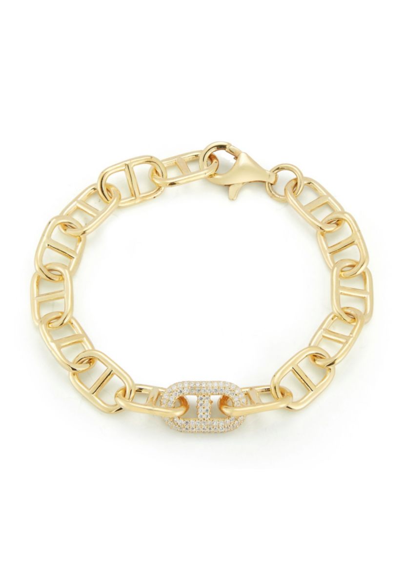 Sterling Silver Cubic Zirconia Mariner Open Rectangular Double Link Bracelet