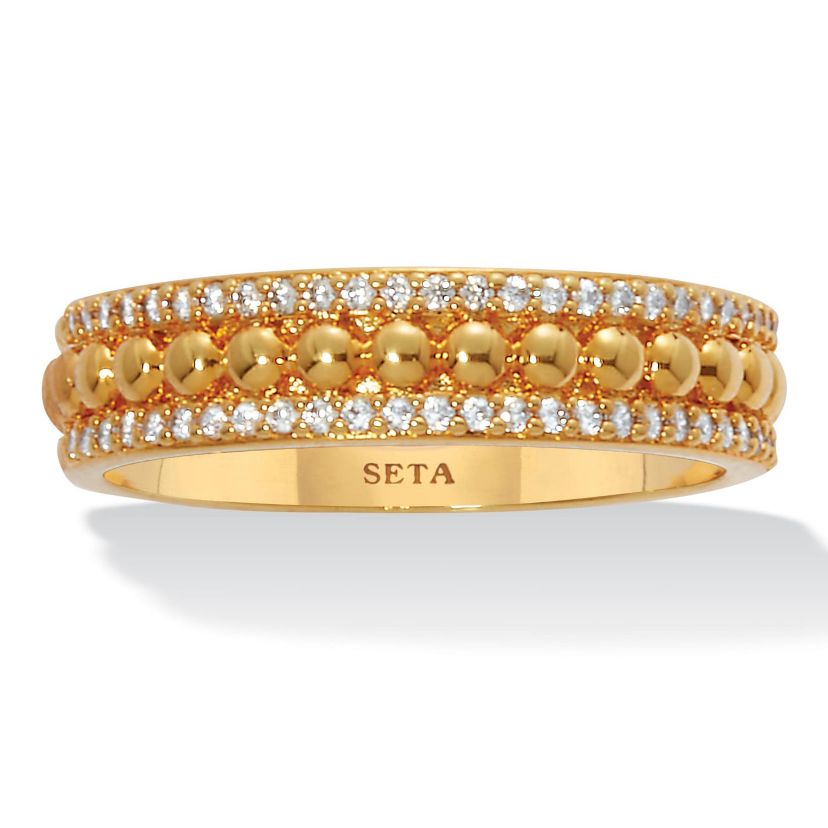 Triple Row Yellow Gold-Plated Round Crystal Band Ring