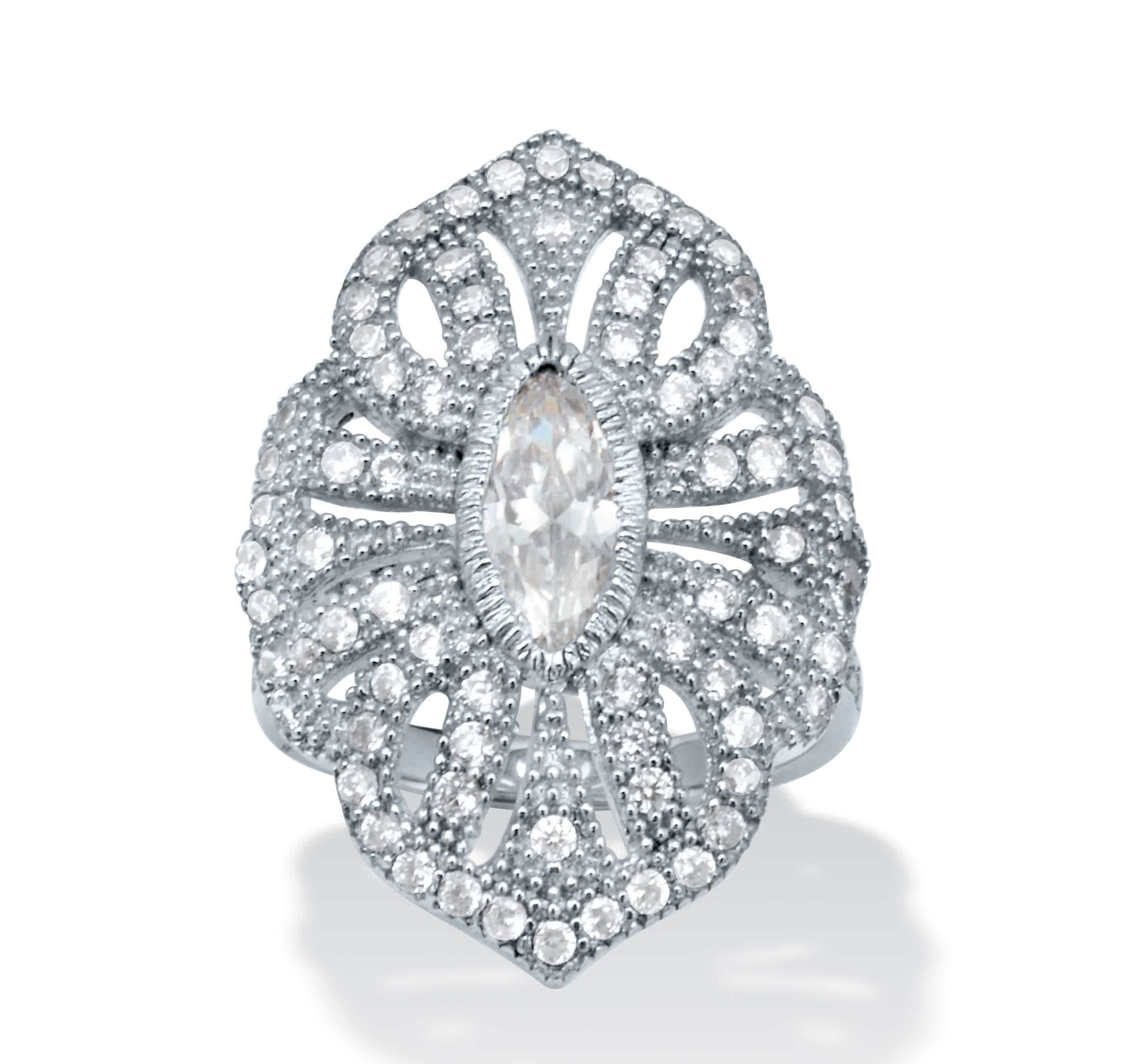 1.52 TCW Marquise Cut Cubic Zirconia Silvertone Art Deco Ring