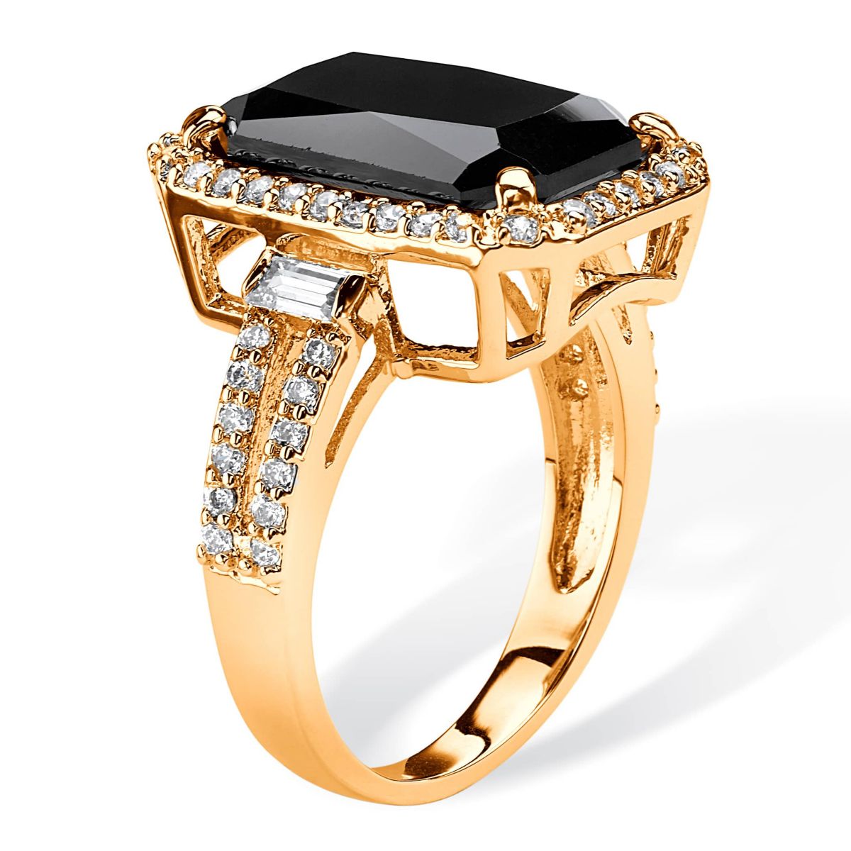 10.34 TCW Emerald Cut Black Cubic Zirconia Yellow Gold-Plated Ring