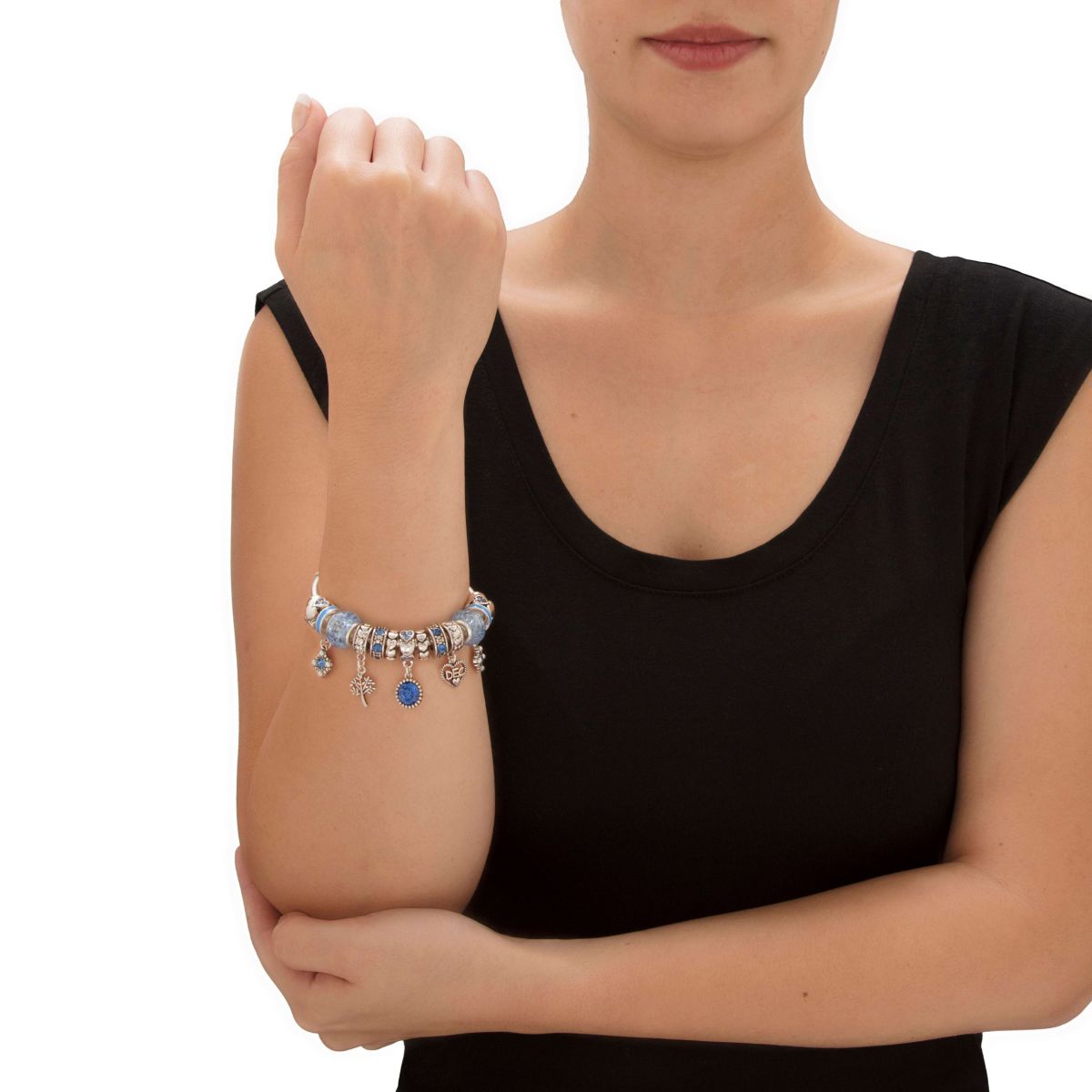 Birthstone Silvertone Bali-Style Beaded Charm Bracelet 8"