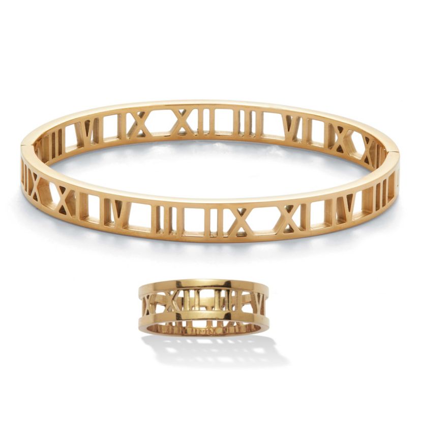 Roman Numeral Gold Ion-Plated Stainless Steel Bracelet and Ring Set