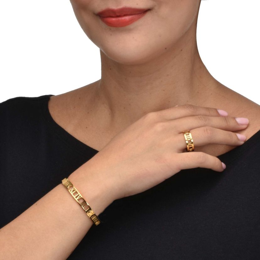 Roman Numeral Gold Ion-Plated Stainless Steel Bracelet and Ring Set