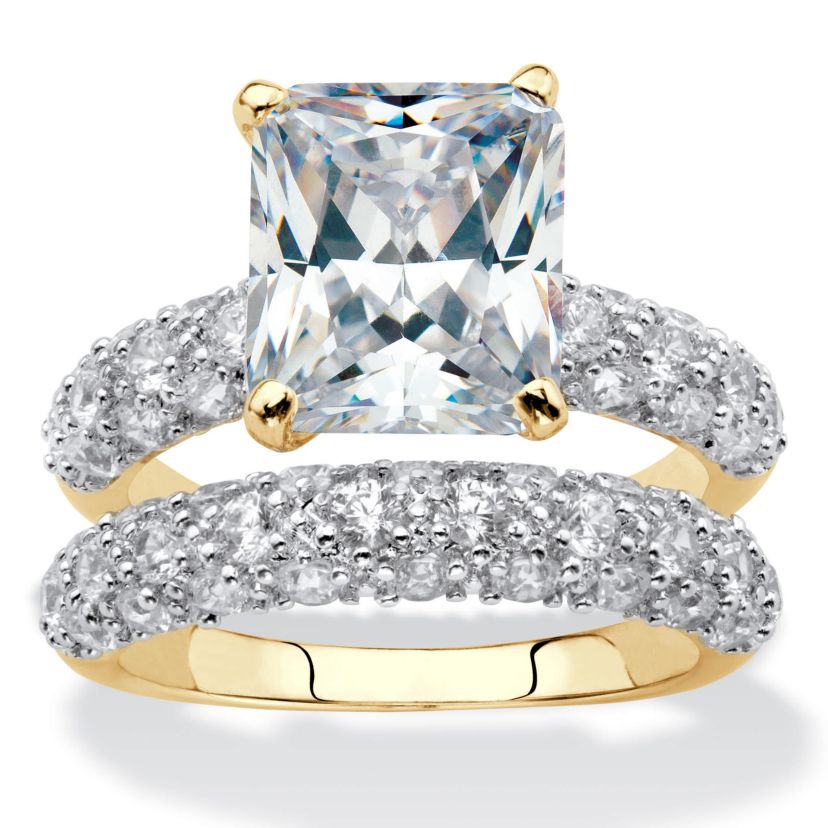 6.50 Cttw. Emerald-Cut Gold-Plated Cubic Zirconia 2-Piece Wedding Ring Set